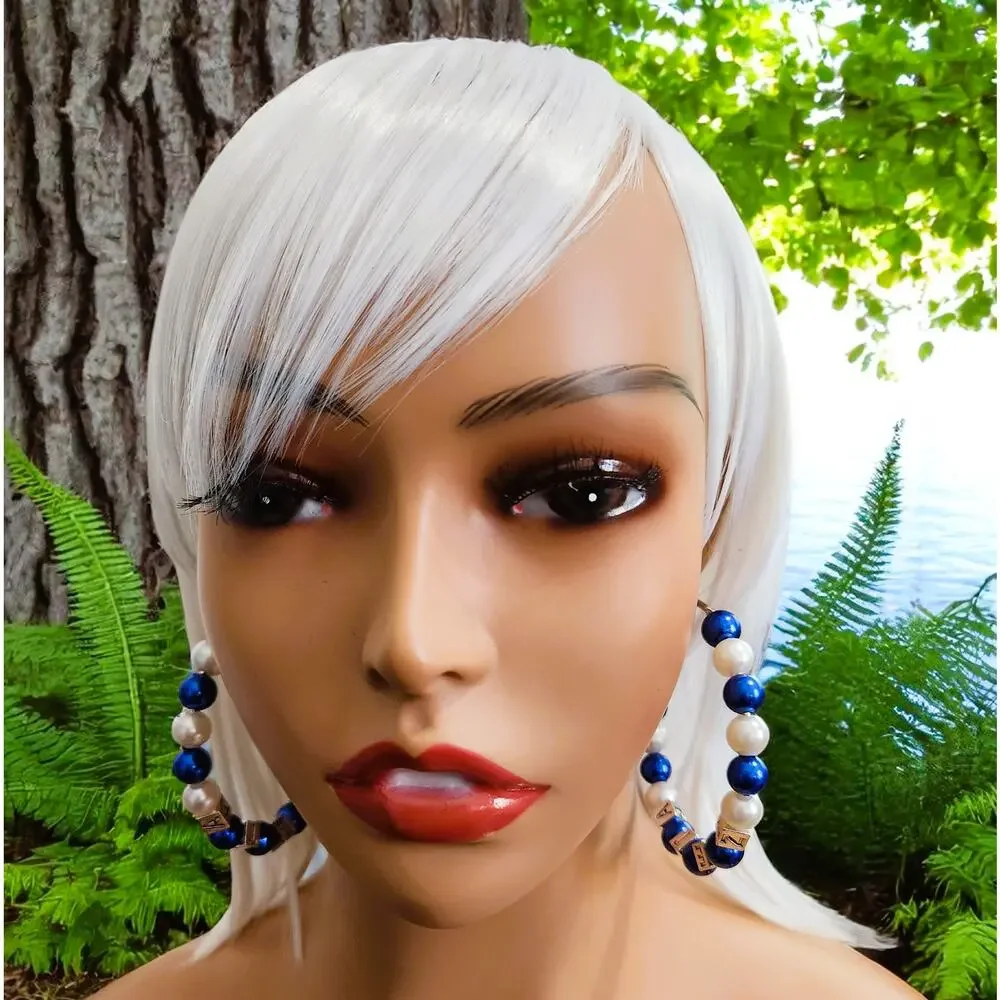 Zeta Phi Beta Earrings Hoop Blue & White Pearls with‎ blocks